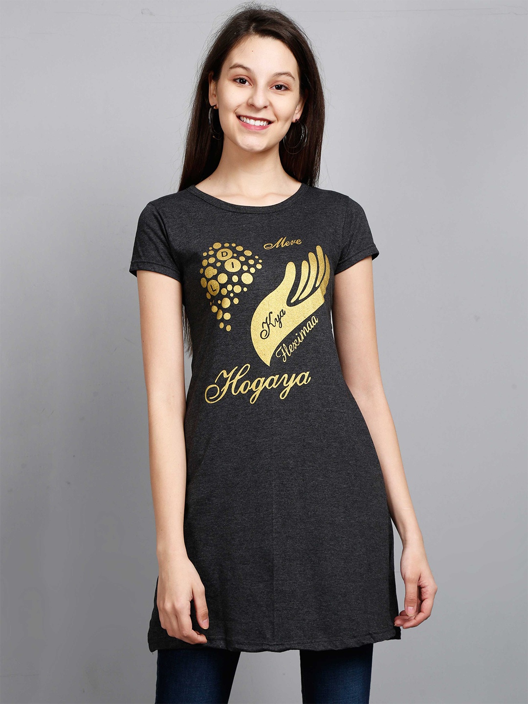

Fleximaa Women Charcoal Grey Printed Cotton Longline Top