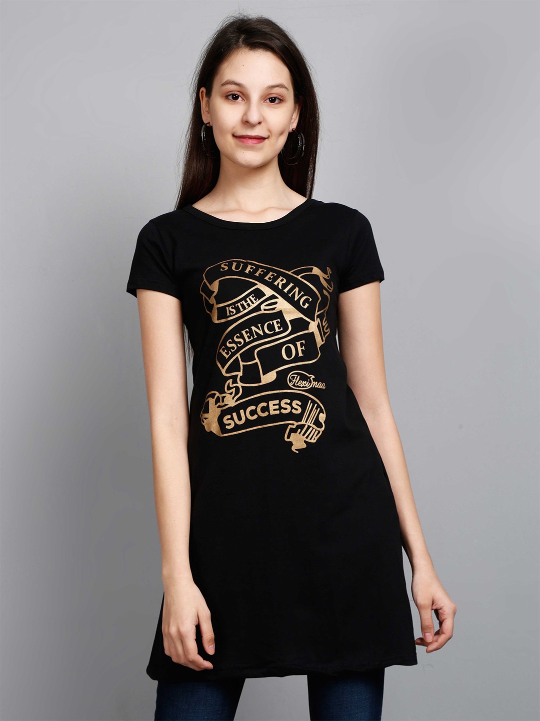 

Fleximaa Women Black Print Cotton Longline Top