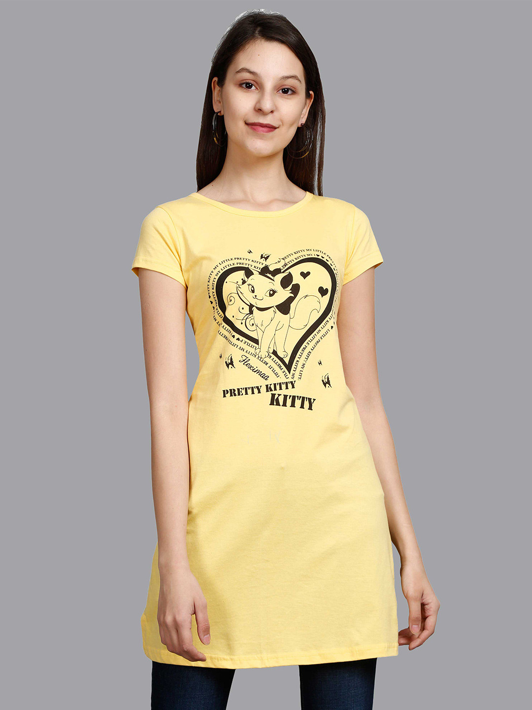 

Fleximaa Yellow Printed Cotton Longline Top