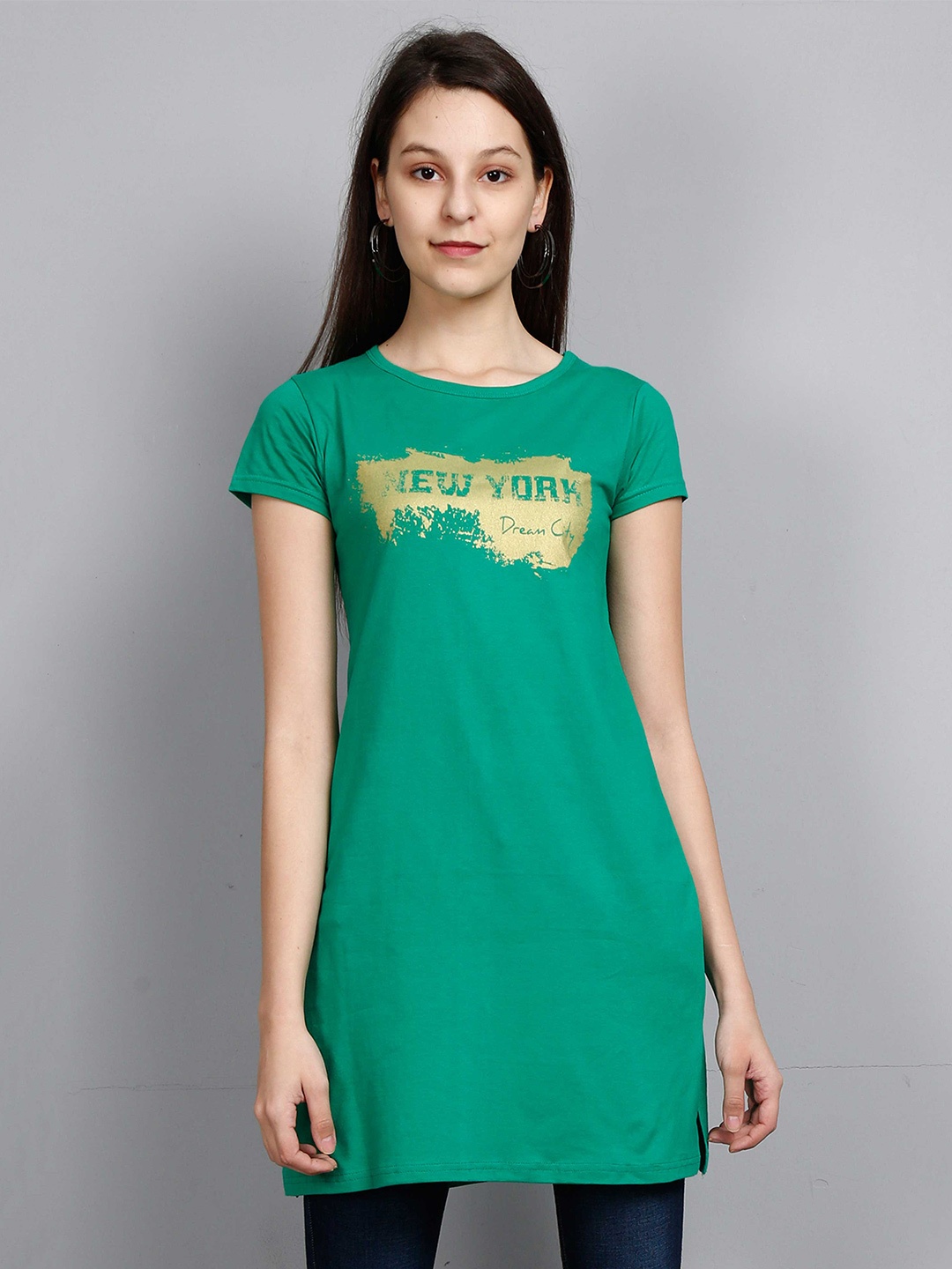 

Fleximaa Green Print Pure Cotton Longline Top With Slit