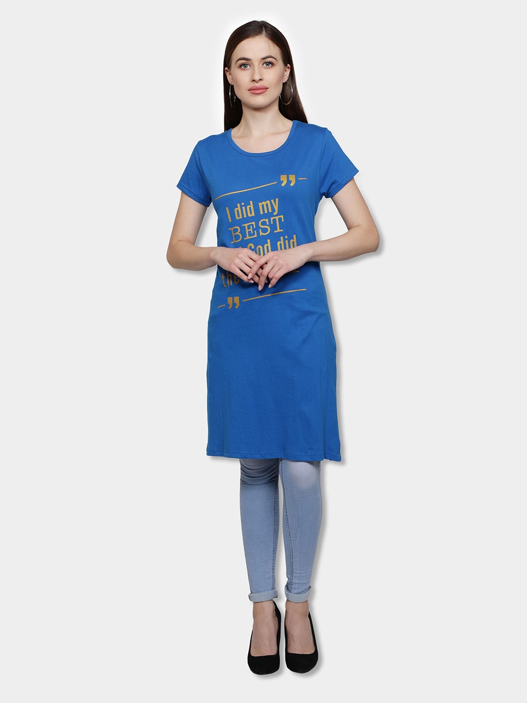 

Fleximaa Women Blue Print Cotton Longline Top