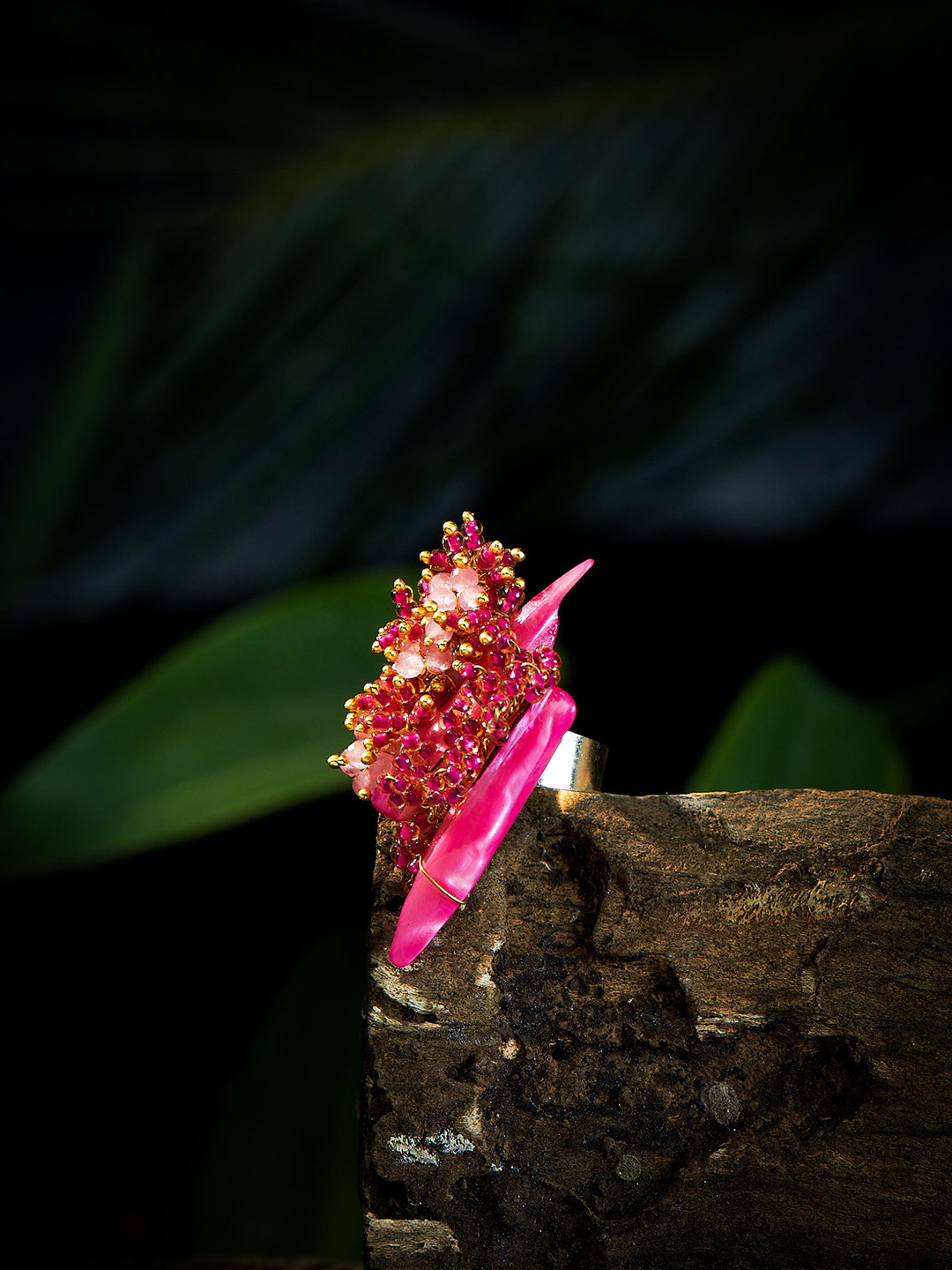 

D'oro Gold-Plated Pink Stone Studded & Beaded Statement Finger Ring