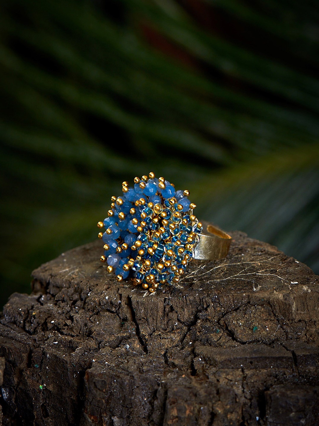 

D'oro Gold-Plated Blue Beaded Adjustable Finger Ring