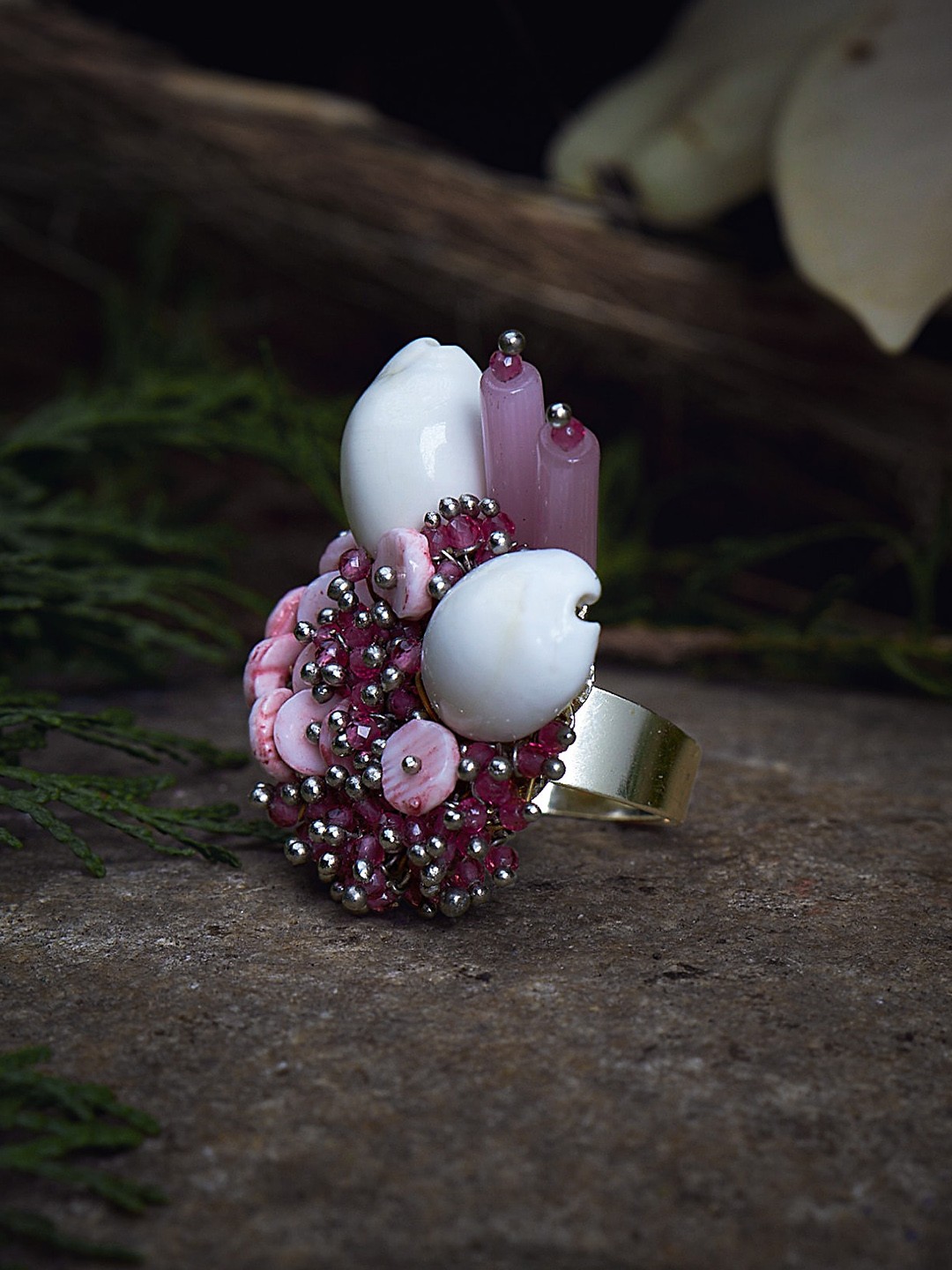 

D'oro Gold-Plated Pink Beaded Adjustable Finger Ring