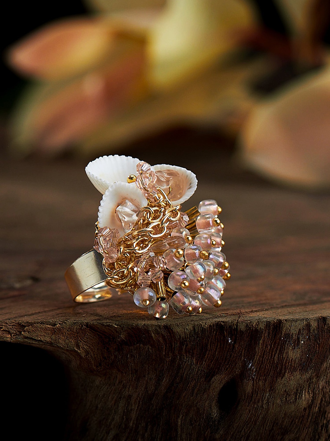 

D'oro Gold-Plated Peach Adjustable Finger Ring With Pearls & Metallic Beads