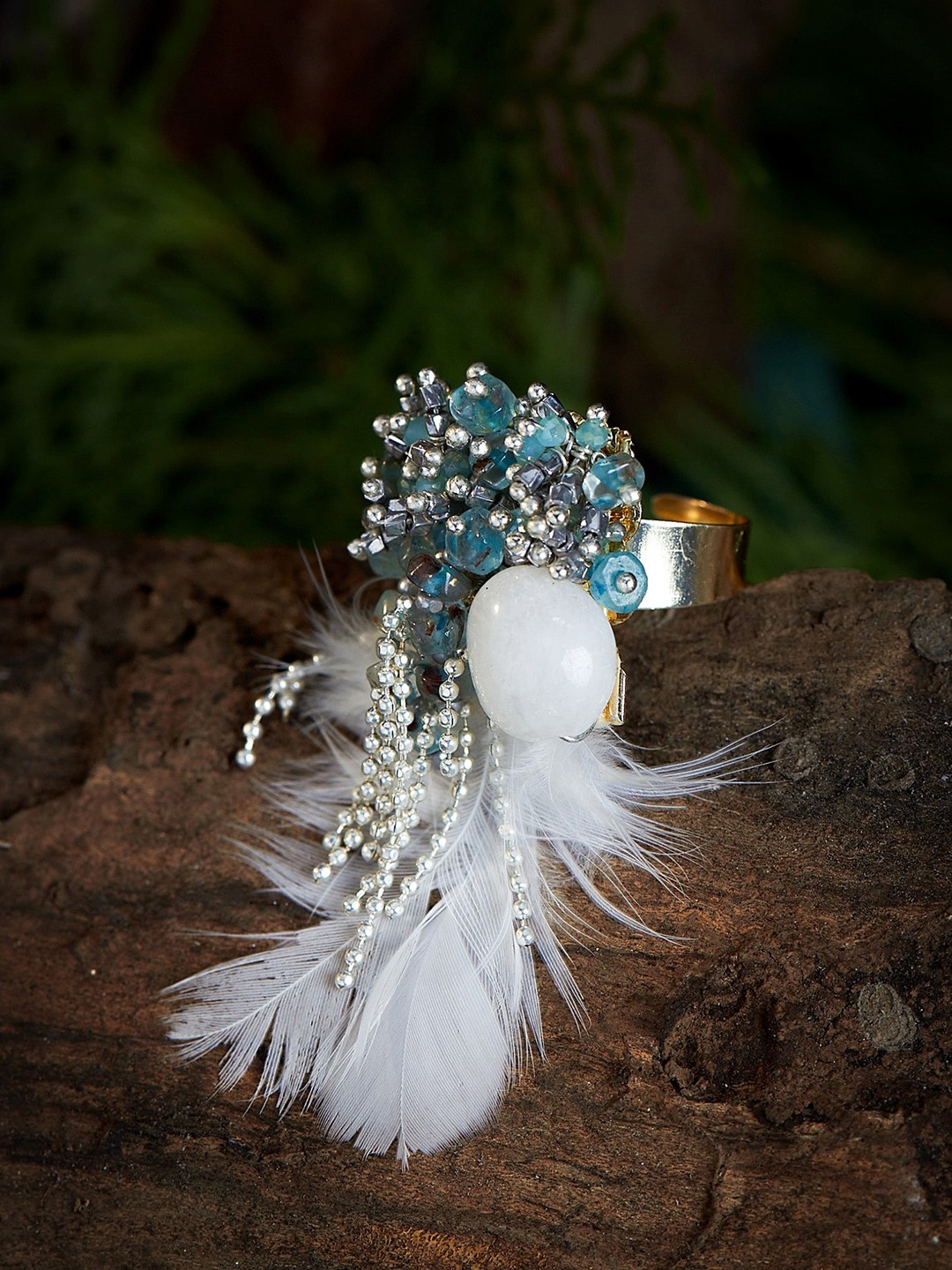 

D'oro Gold-Plated Turquoise Blue Tassel Feather Adjustable Finger Ring