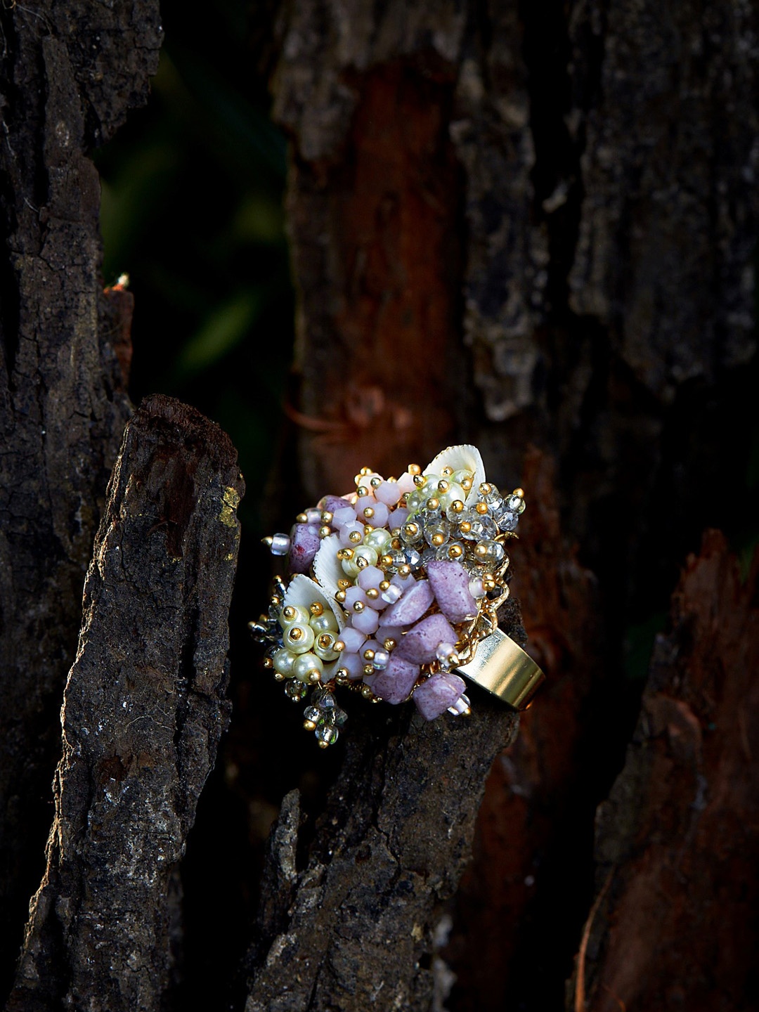 

D'oro Gold-Plated Lavender Cluster Bead Adjustable Finger Ring