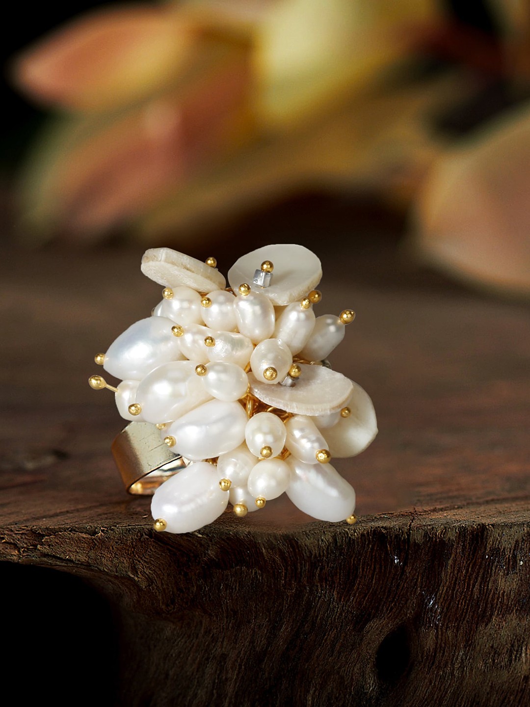

D'oro Gold-Plated White Pearl Beaded Adjustable Finger Ring
