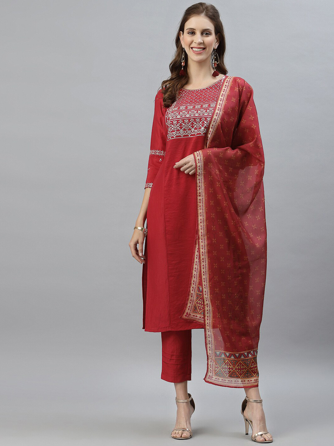

SANISA Women Red Ethnic Motifs Embroidered Kurta With Trousers & Dupatta