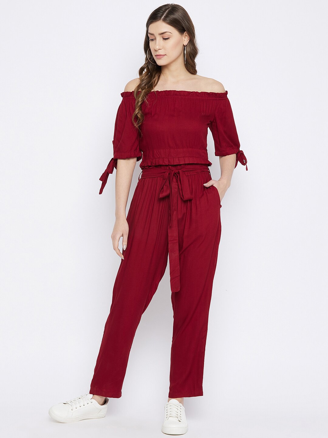 

HELLO DESIGN Maroon Off-Shoulder Basic Jumpsuit