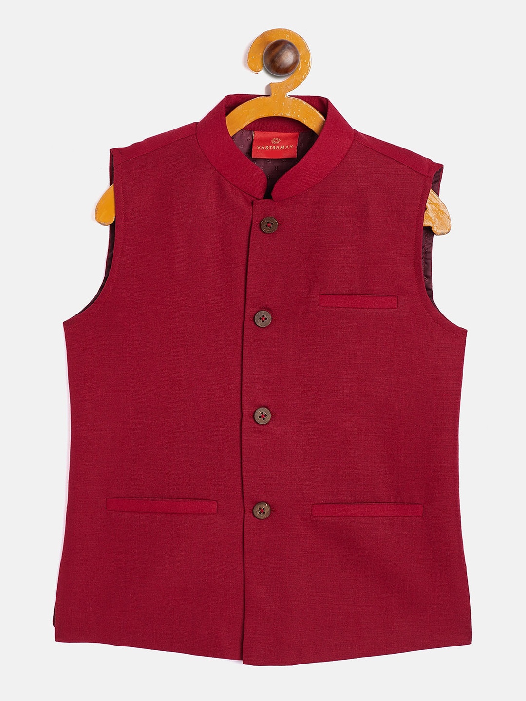 

VASTRAMAY Boys Maroon Cotton Blend Slim-Fit Nehru Jacket