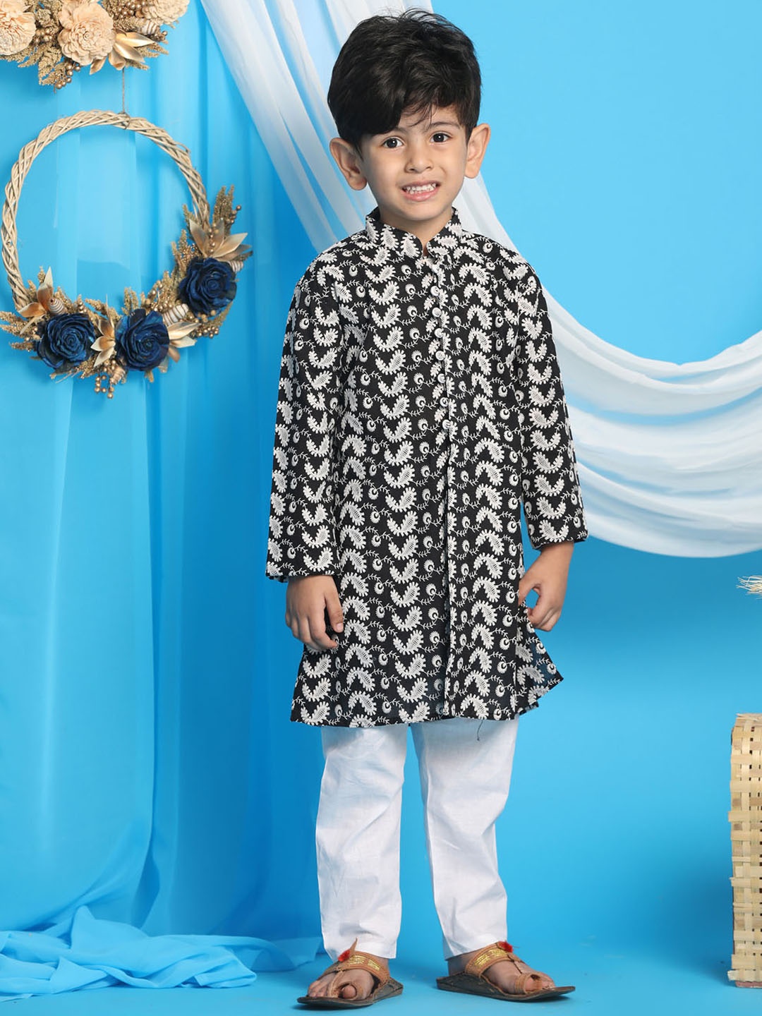 

VASTRAMAY Boys Embroidered Chikankari Pure Cotton Kurta with Pyjamas, Black