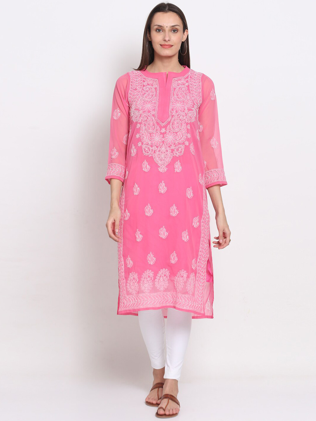 

PARAMOUNT CHIKAN Women Pink & White Ethnic Motifs Embroidered Chikankari Georgette Kurta