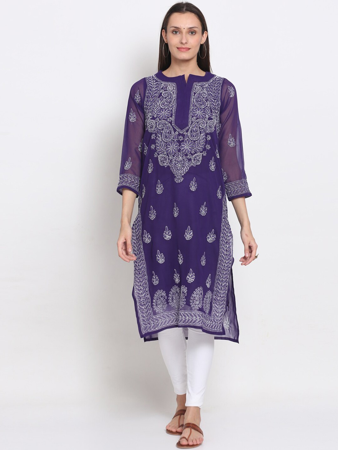 

PARAMOUNT CHIKAN Violet Ethnic Motifs Embroidered Chikankari Georgette Kurta