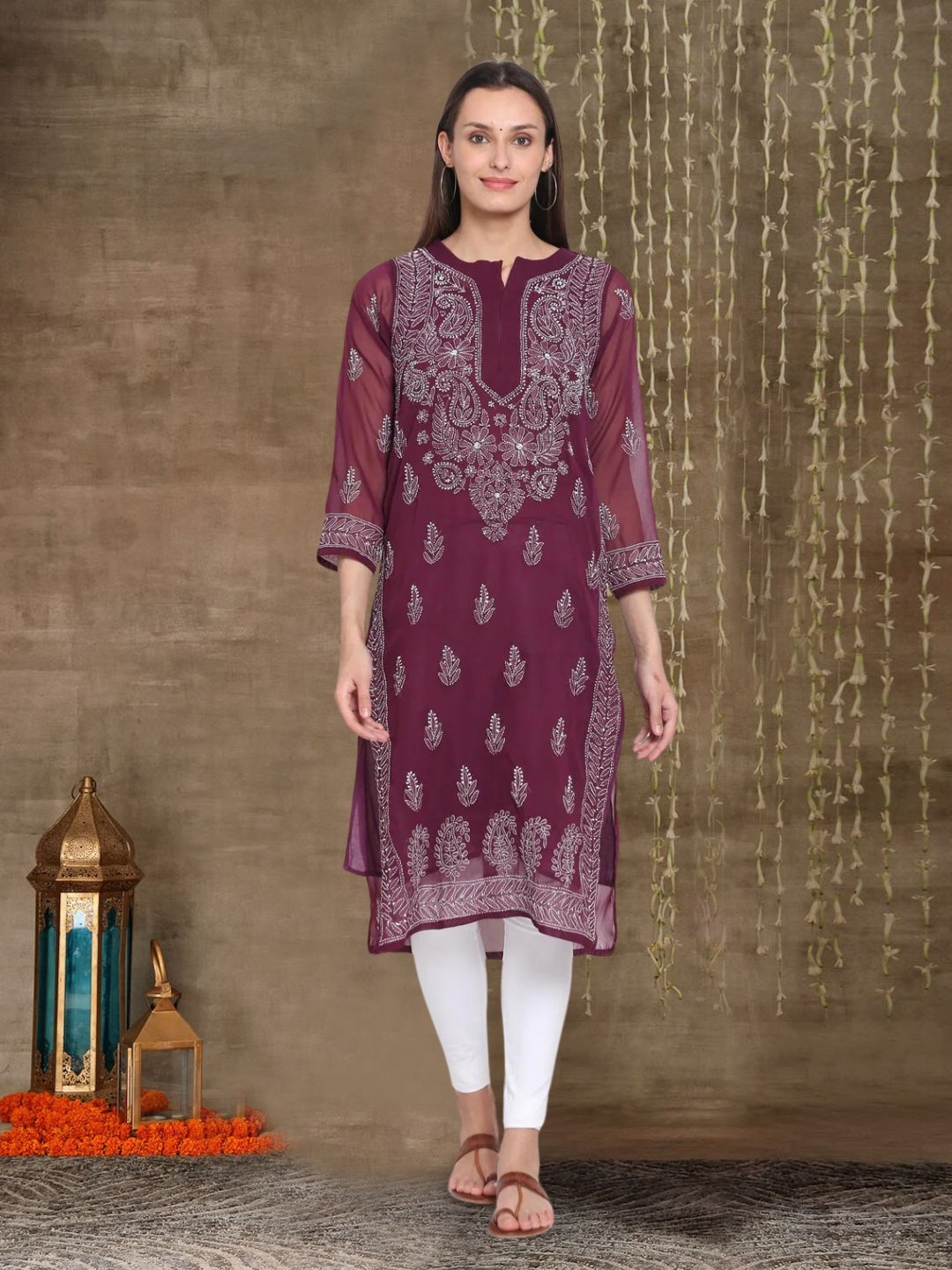 

PARAMOUNT CHIKAN Women Burgundy & White Ethnic Motifs Embroidered Chikankari Georgette Kurta