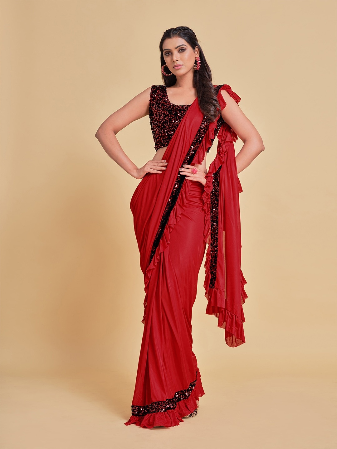 

Sangria Red & Black Sequinned Satin Saree