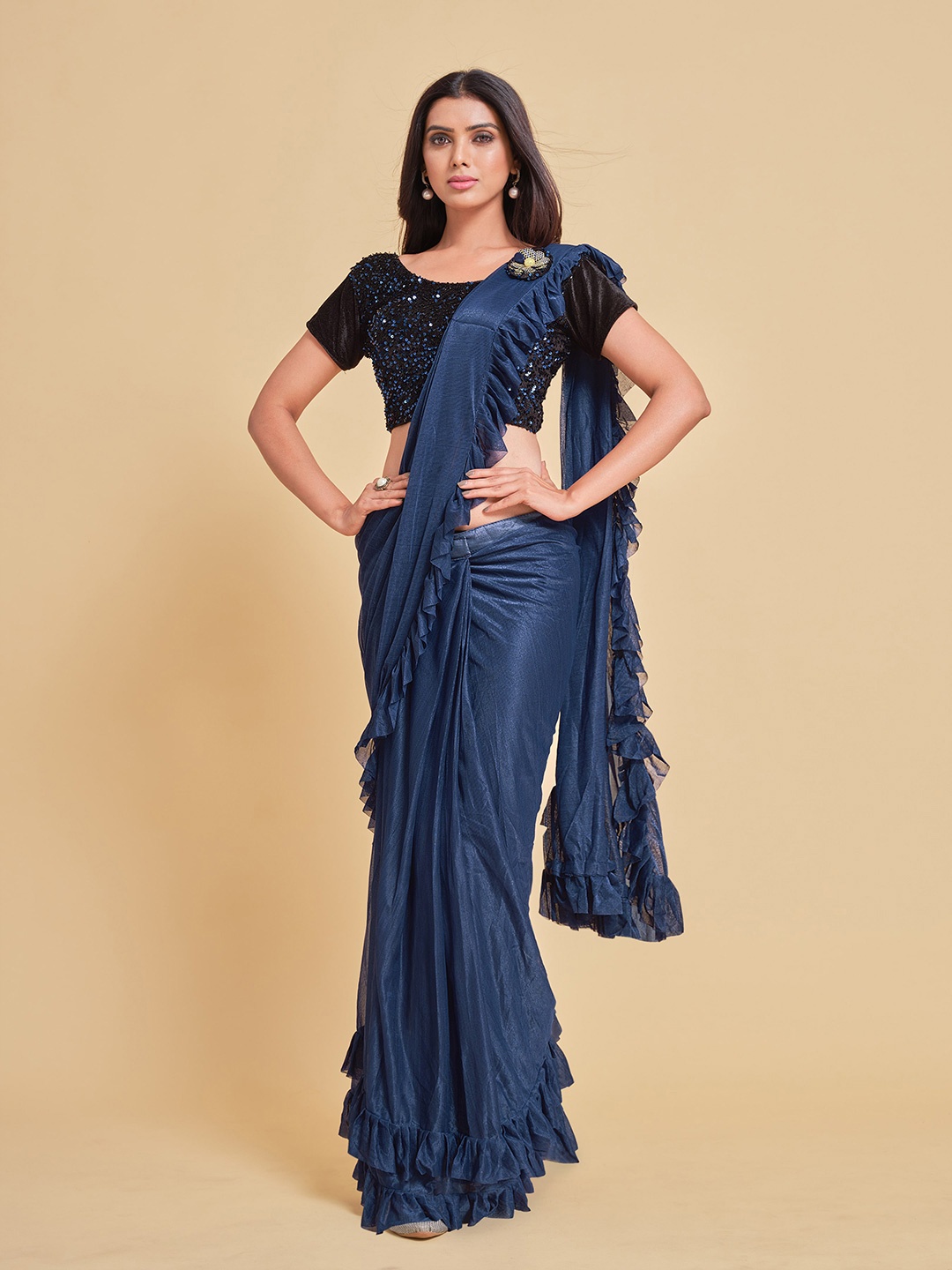 

Sangria Navy Blue Solid Ruffle Satin Saree
