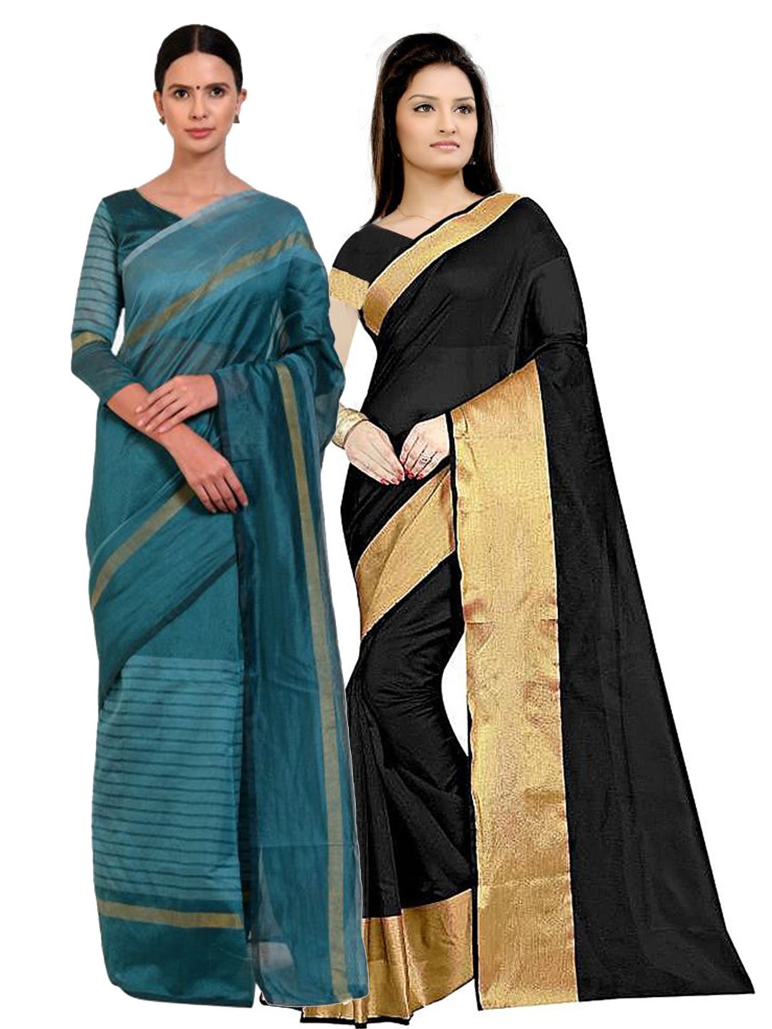 

SAADHVI Pack Of 2 Black & Teal Striped Silk Cotton Saree
