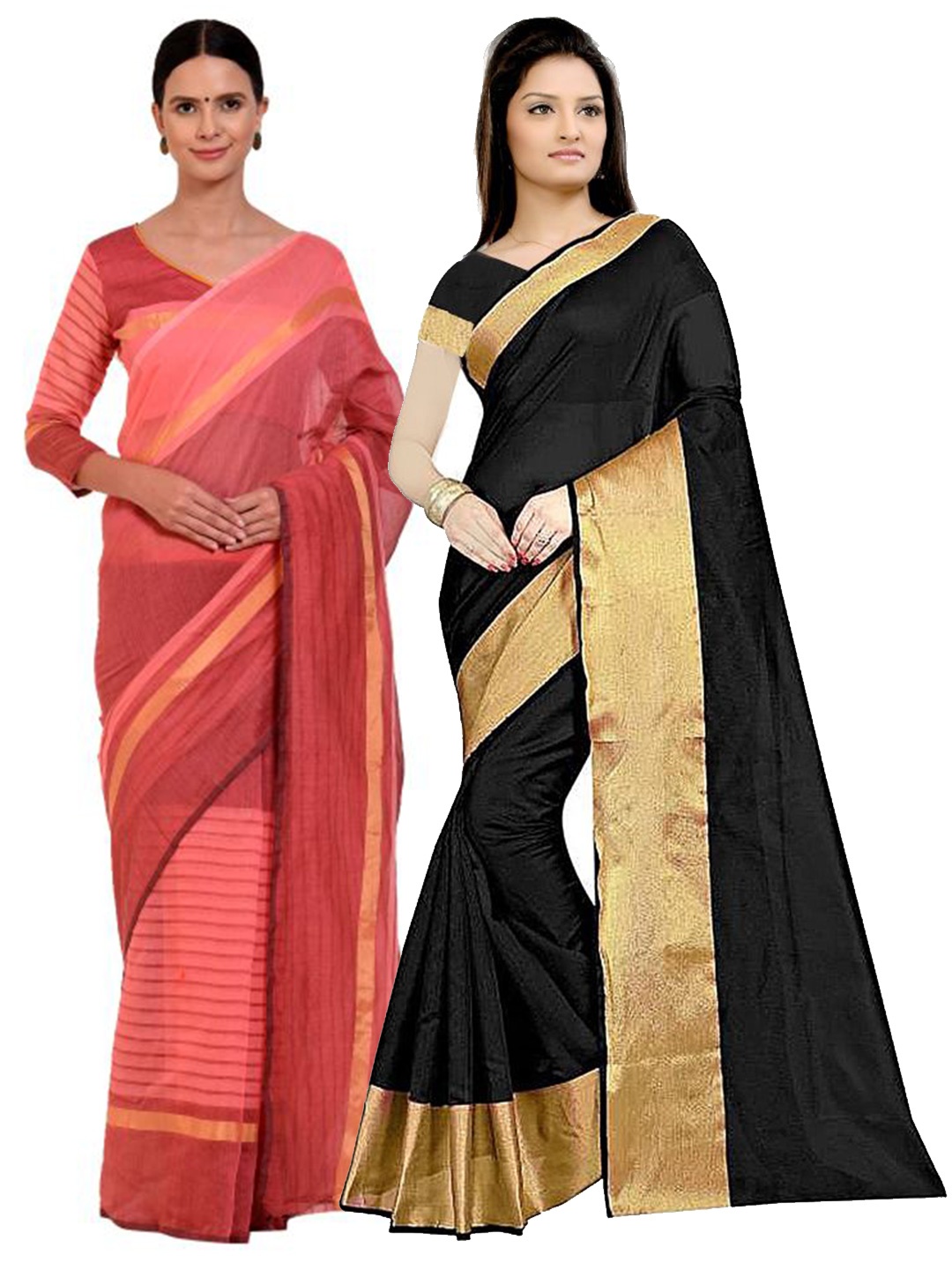 

SAADHVI Pack of 2 Black & Pink Striped Zari Silk Cotton Sarees