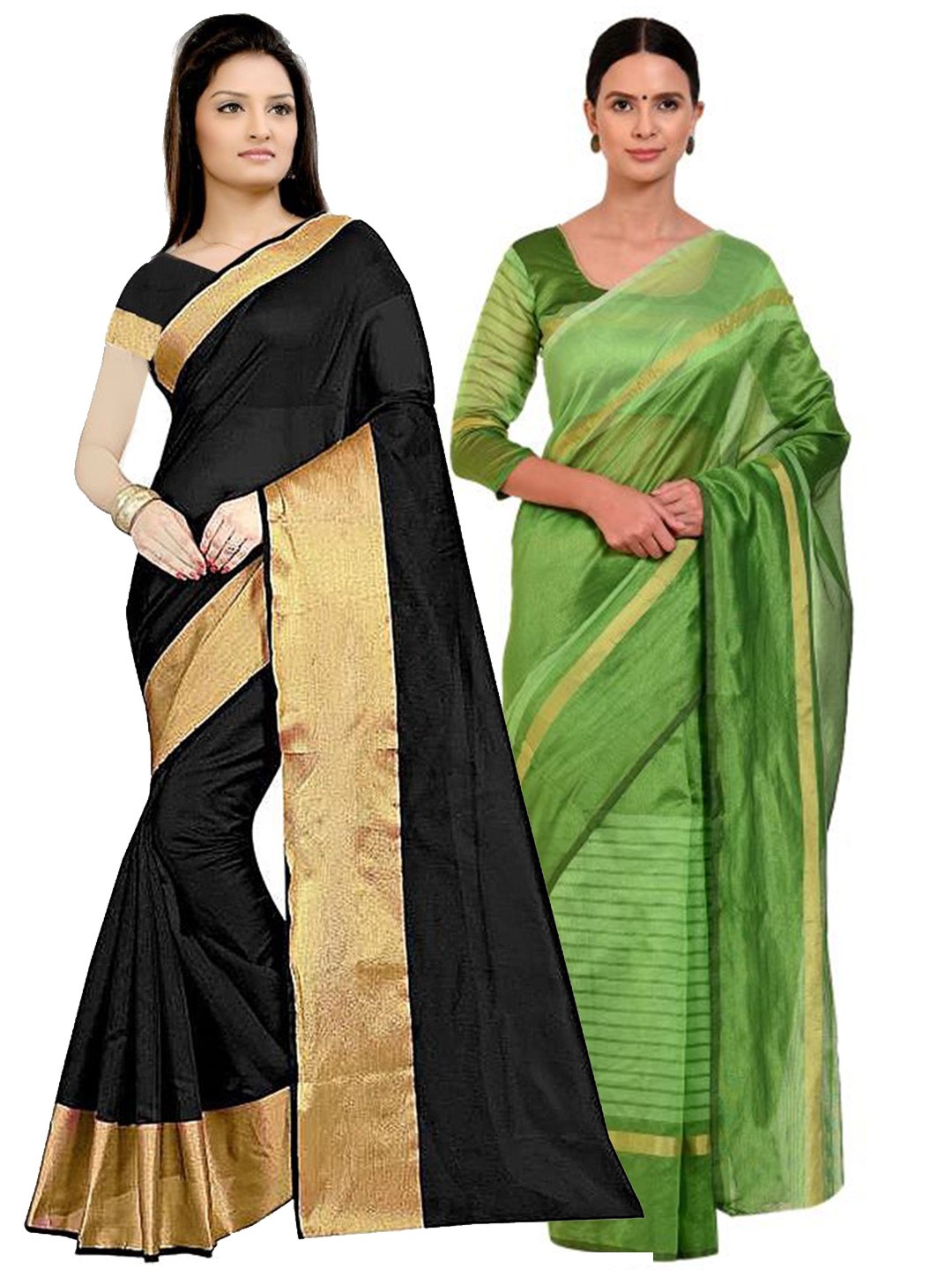 

SAADHVI Pack of 2 Black & Green Zari Silk Cotton Sarees