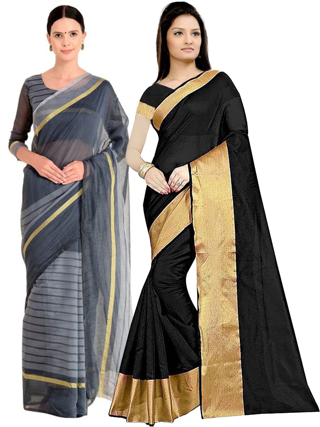 

SAADHVI Pack of 2 Black & Grey Striped Silk Cotton Saree