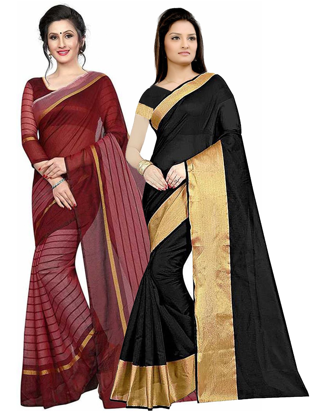 

SAADHVI Set Of 2 Black & Maroon Zari Silk Cotton Saree