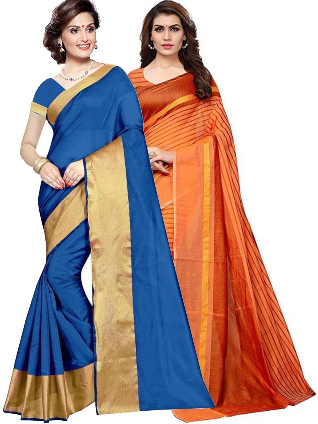 

SAADHVI Blue & Orange Striped Silk Cotton Saree