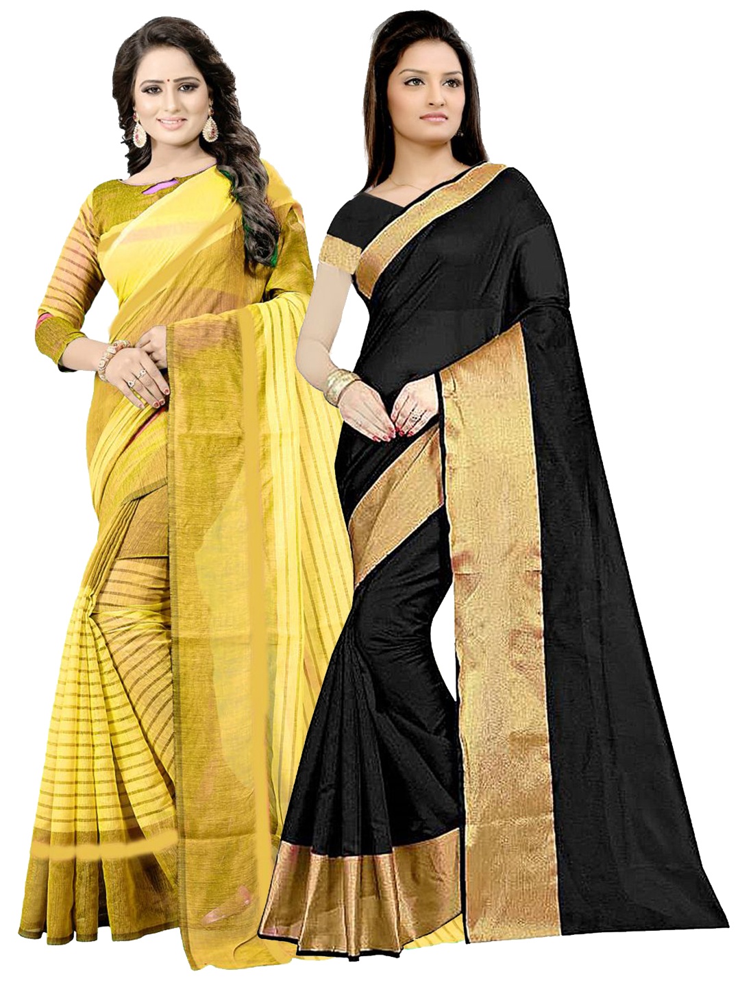 

SAADHVI Black & Yellow Striped Silk Cotton Saree Pack Of 2