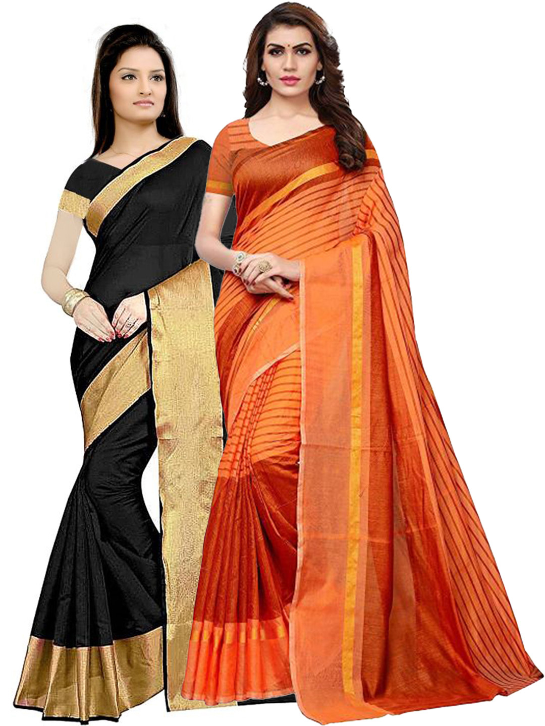 

SAADHVI Black & Orange Set of 2 Striped Silk Cotton Saree
