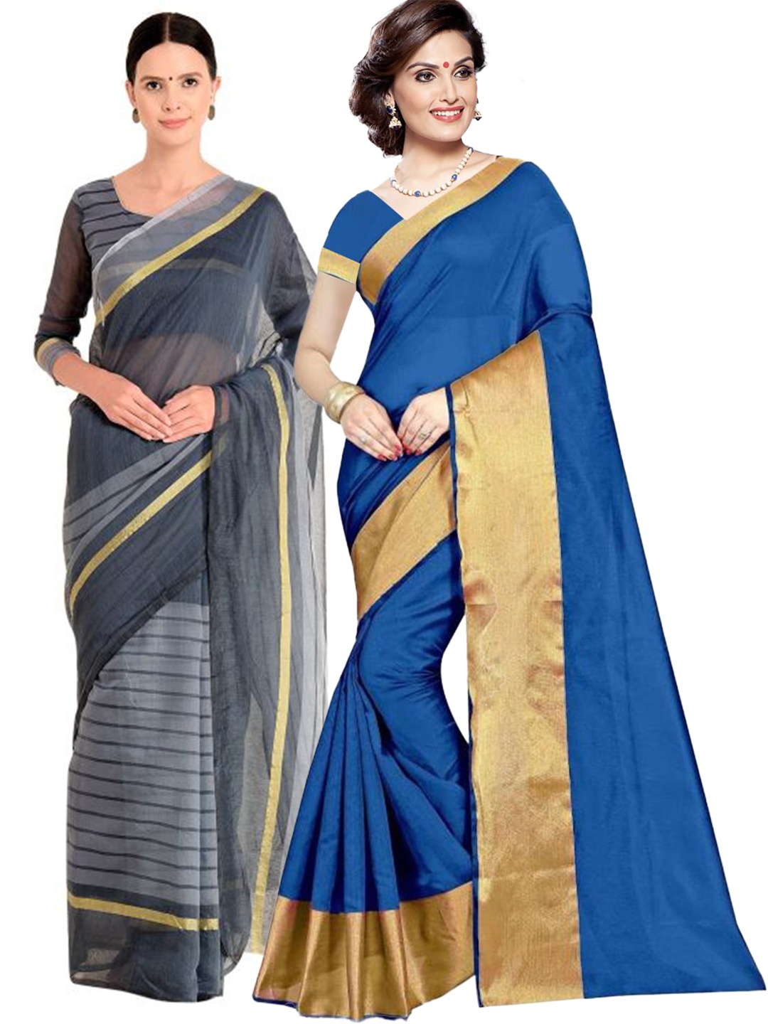 

SAADHVI Pack of 2 Blue & Grey Zari Silk Cotton Sarees