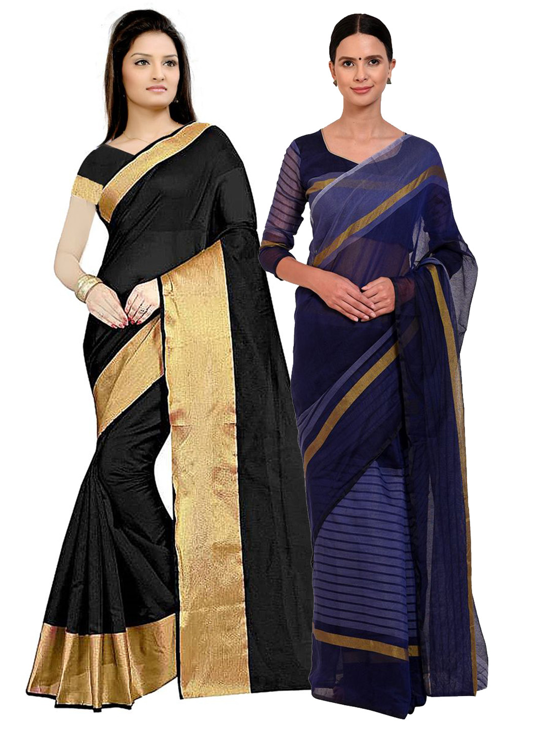 

SAADHVI Pack Of 2 Black & Navy Blue Striped Zari Silk Cotton Saree