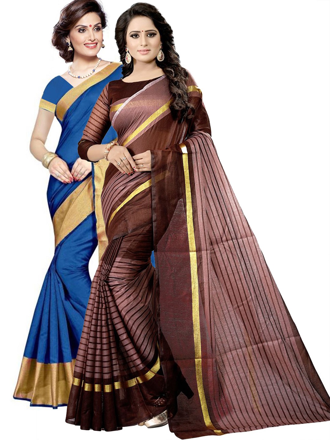 

SAADHVI Pack of 2Blue & Brown Striped Silk Cotton Saree, Blue