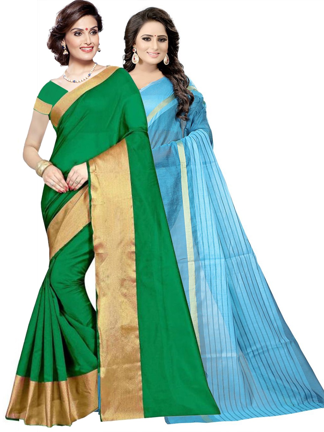 

SAADHVI Pack of 2 Green & Turquoise Blue Striped Silk Cotton Sarees