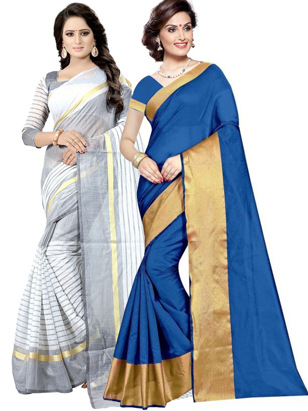 

SAADHVI Blue & Grey Striped Silk Cotton Saree Pack Of 2