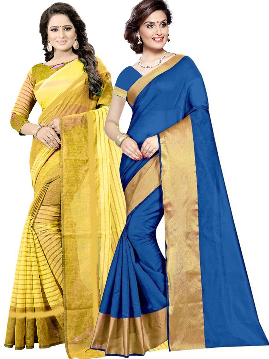 

SAADHVI Blue & Gold-Toned Set of 2 Striped Zari Silk Cotton Saree