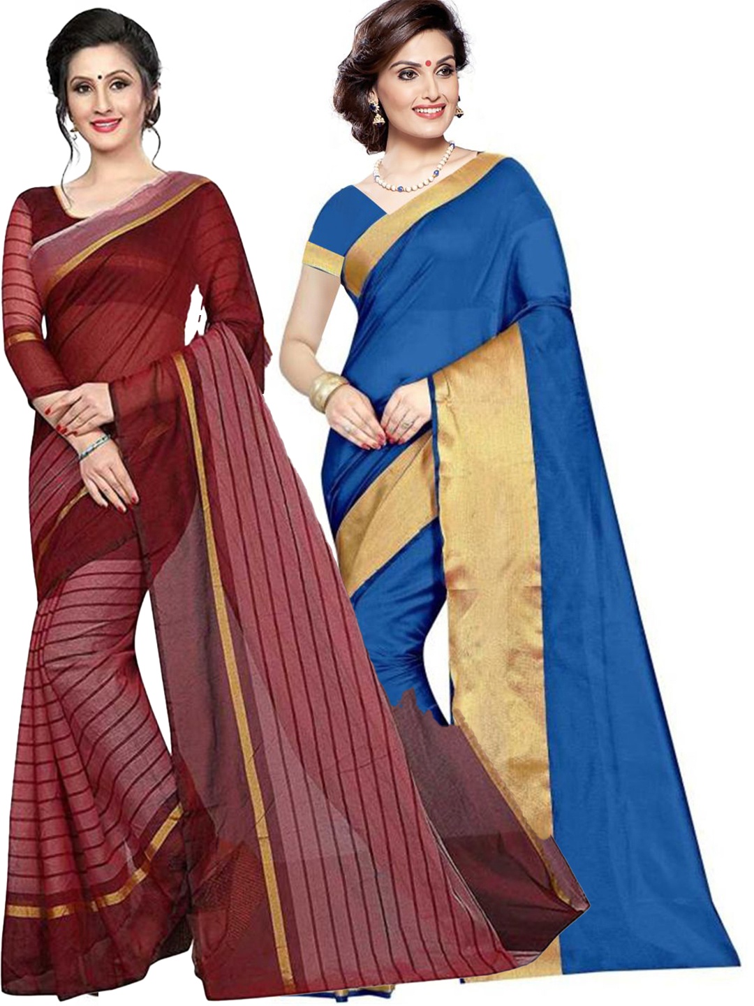 

SAADHVI Pack Of 2 Blue & Maroon Striped Zari Silk Cotton Saree