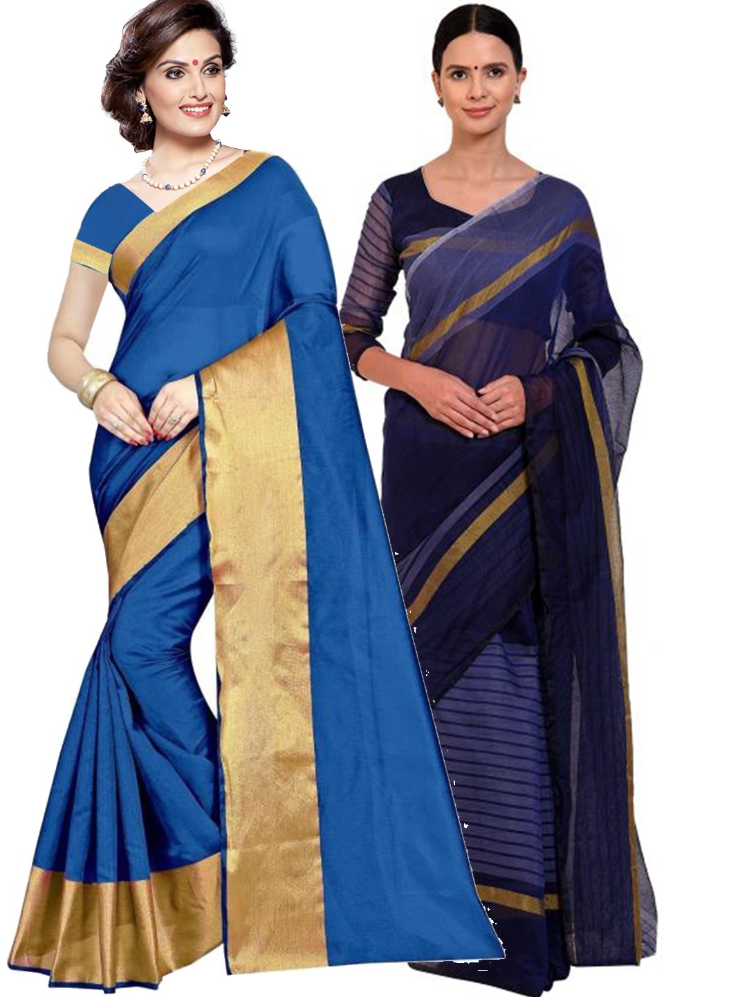 

SAADHVI Pack of 2 Blue & Navy Blue Zari Silk Cotton Sarees