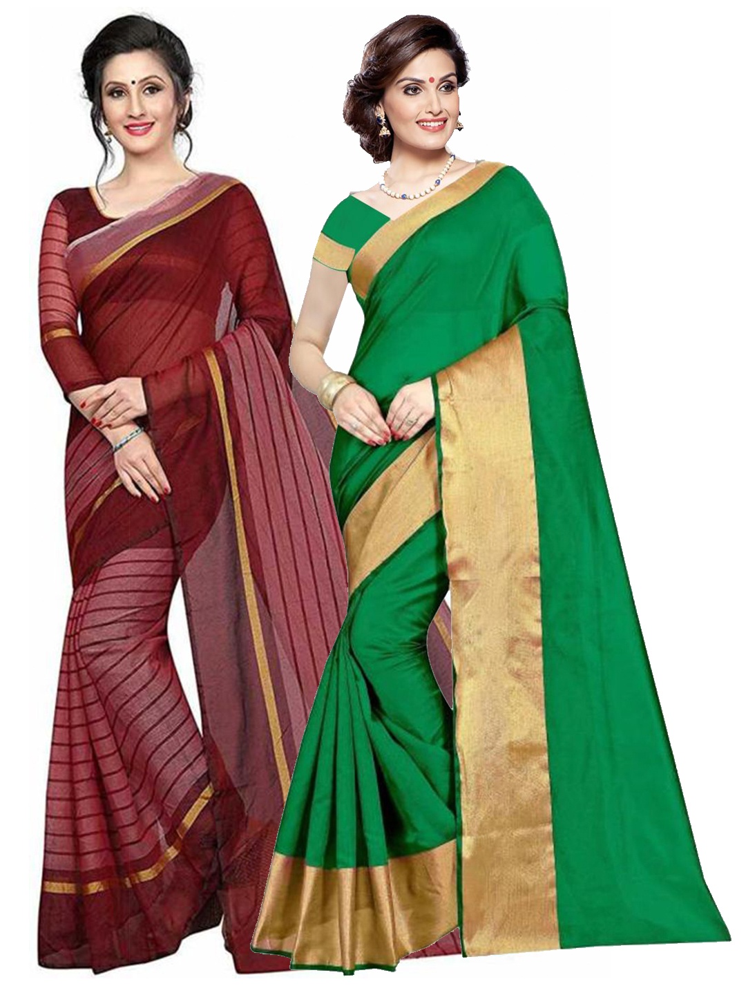 

SAADHVI Set Of 2 Green & Maroon Zari Silk Cotton Saree