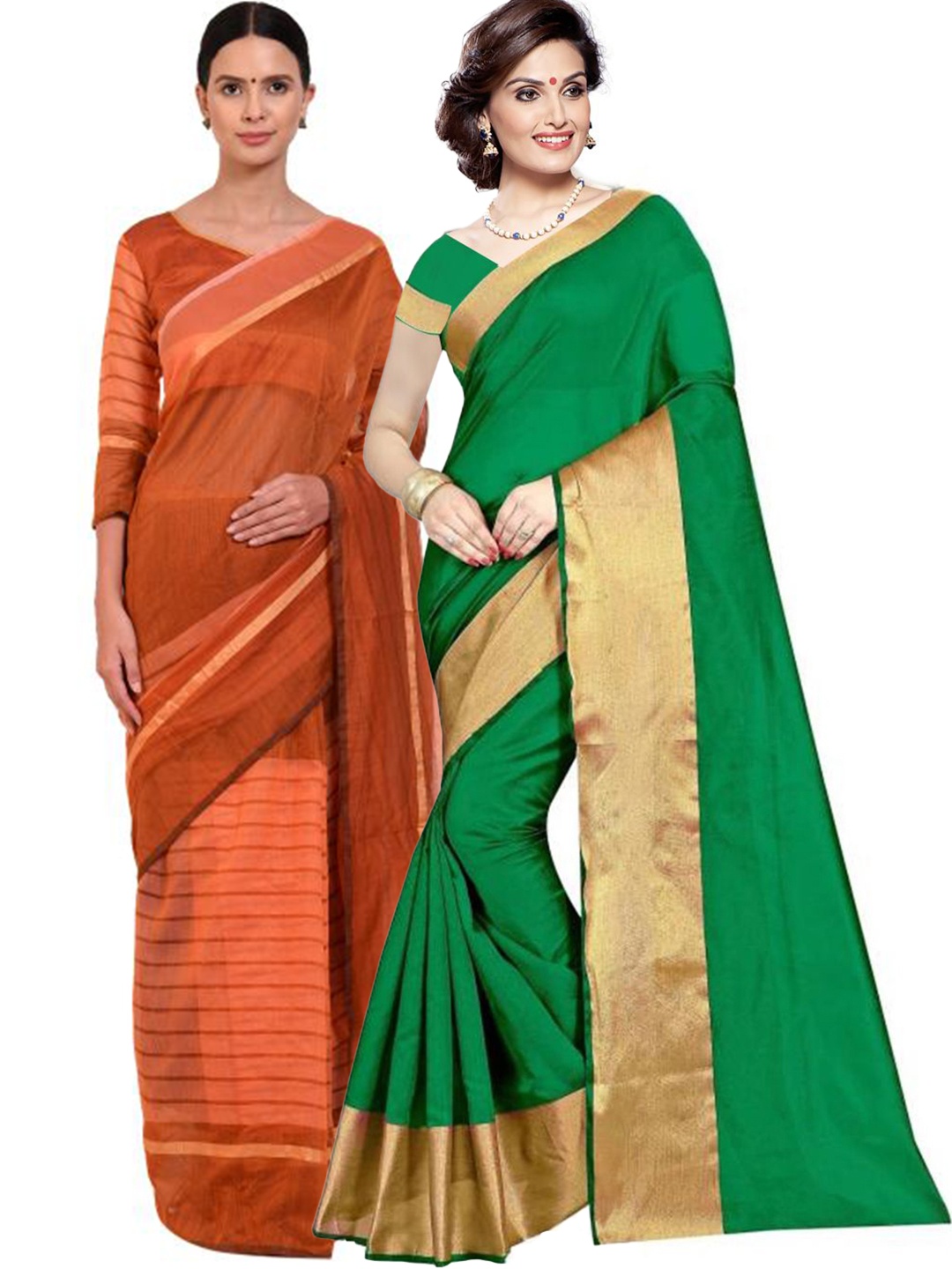 

SAADHVI Green & Orange Striped Zari Silk Cotton Saree