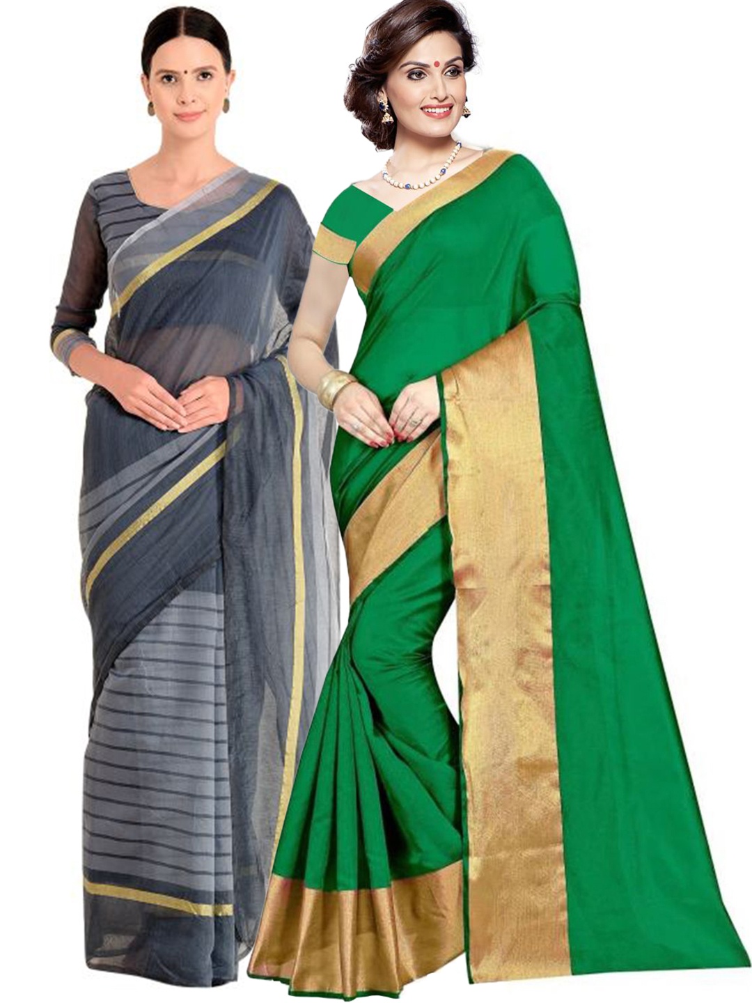 

SAADHVI Green & Grey Striped Silk Cotton Saree Pack Of 2