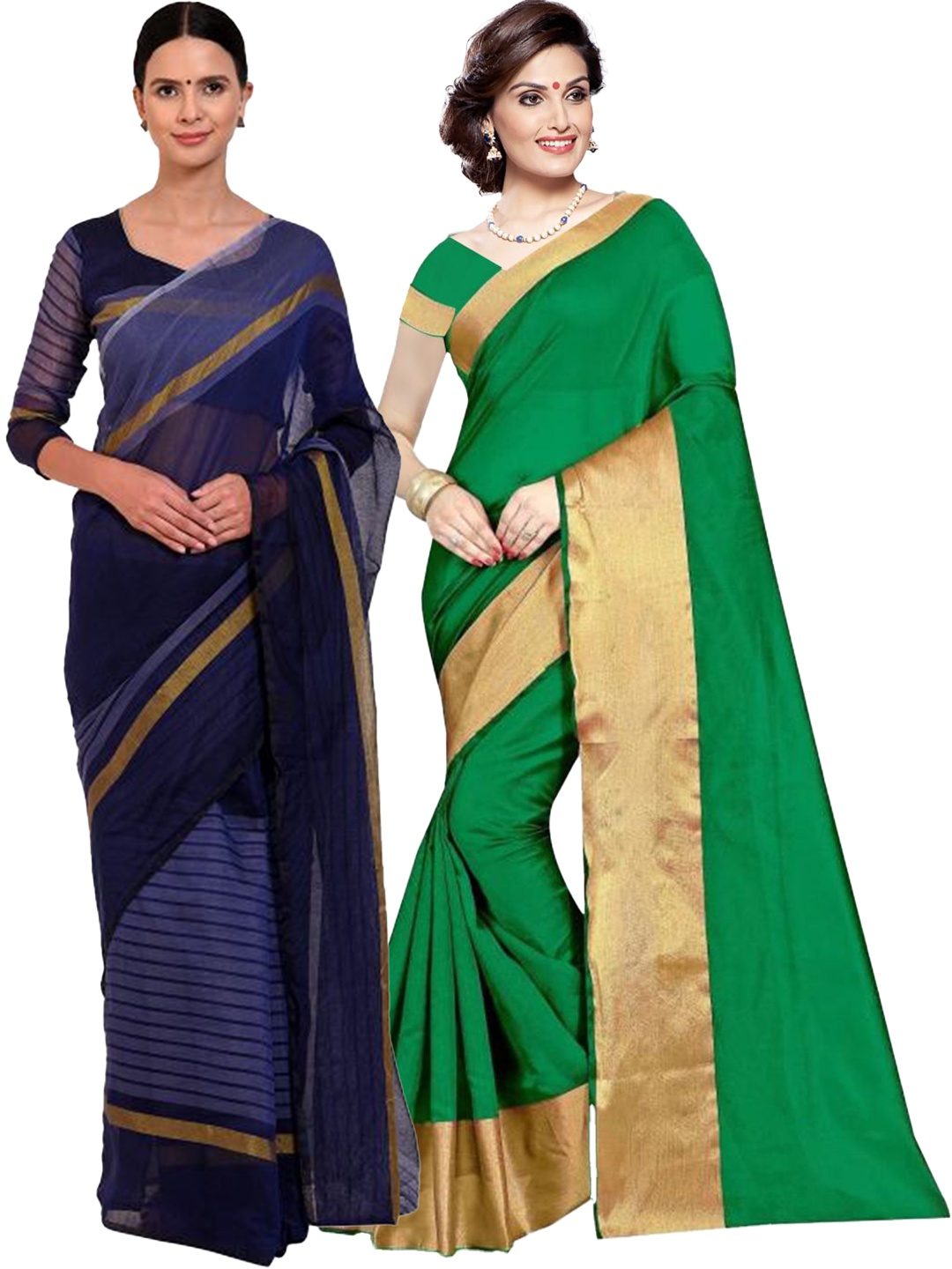 

SAADHVI Pack of 2 Green & Navy Blue Striped Zari Silk Cotton Sarees