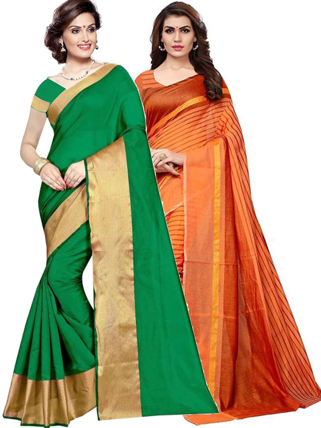 

SAADHVI Pack Of 2 Green & Orange Striped Zari Silk Cotton Saree