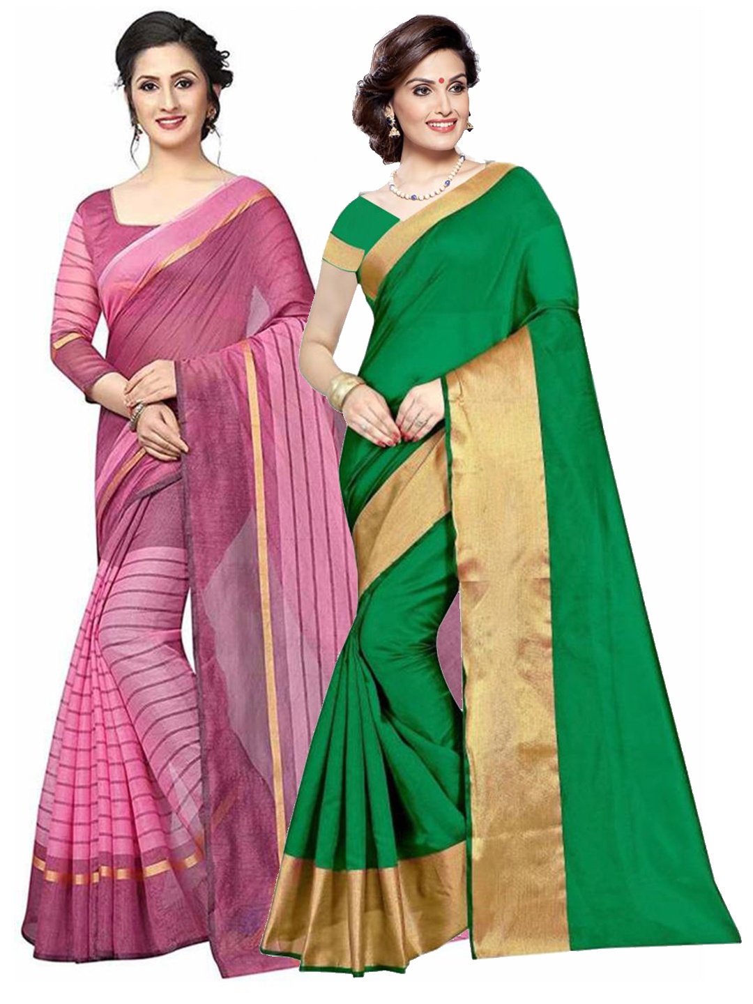 

SAADHVI Pack of 2 Green & Pink Zari Silk Cotton Sarees