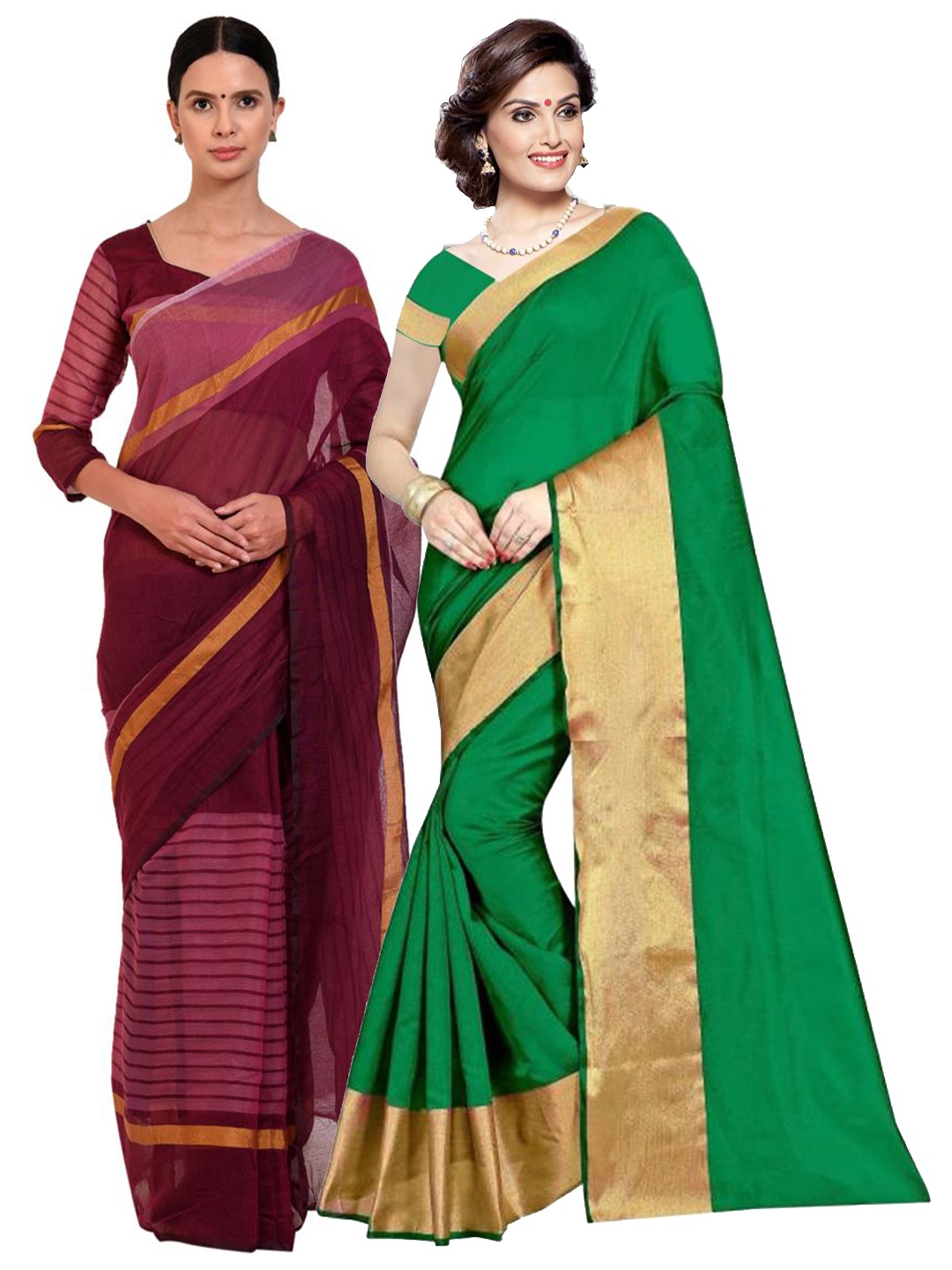

SAADHVI Pack of 2Green & Burgundy Striped Silk Cotton Saree, Green