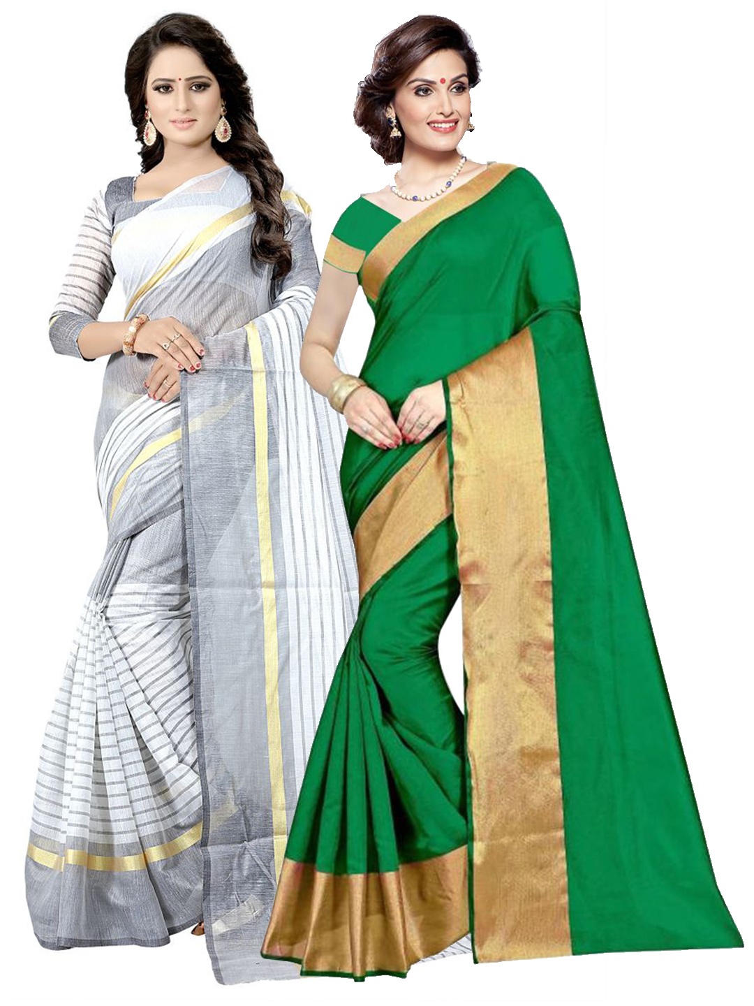 

SAADHVI Pack of 2 Green & White Striped Silk Cotton Saree