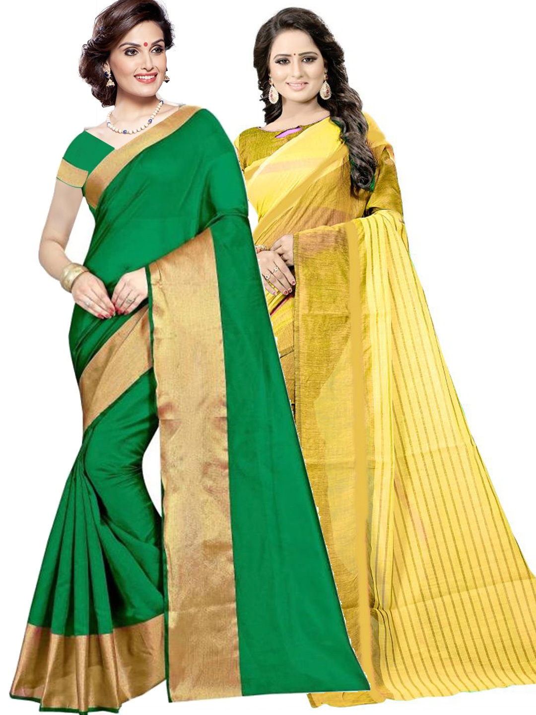 

SAADHVI Set Of 2 Green & Yellow Zari Silk Cotton Saree