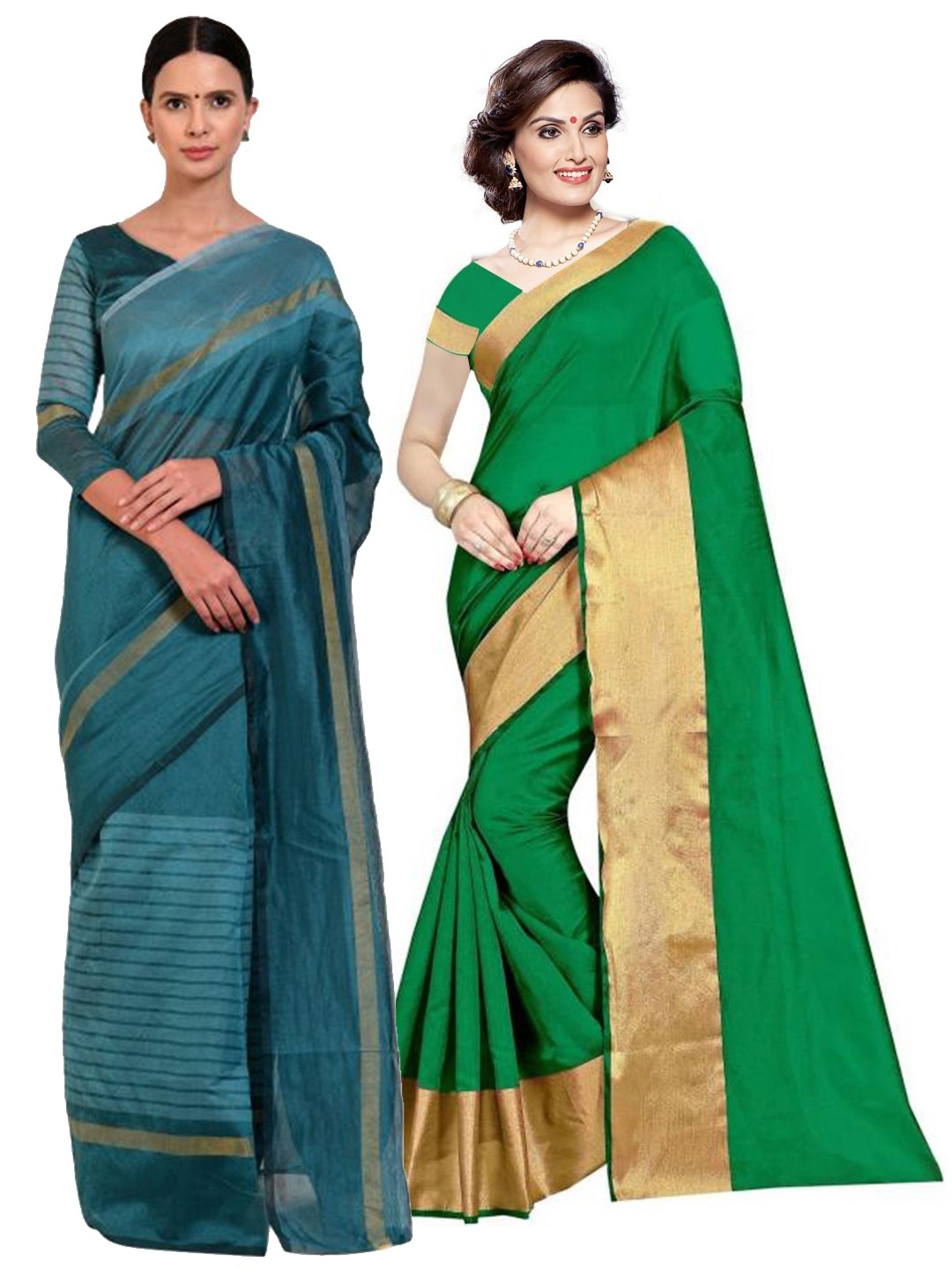 

SAADHVI Green & Teal Set of 2 Striped Silk Cotton Saree