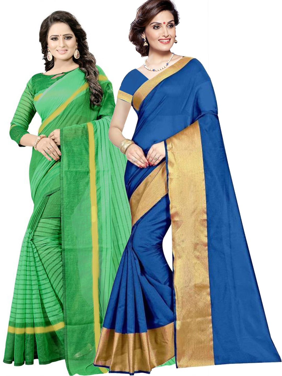 

SAADHVI Pack of 2 Blue & Green Zari Silk Cotton Sarees