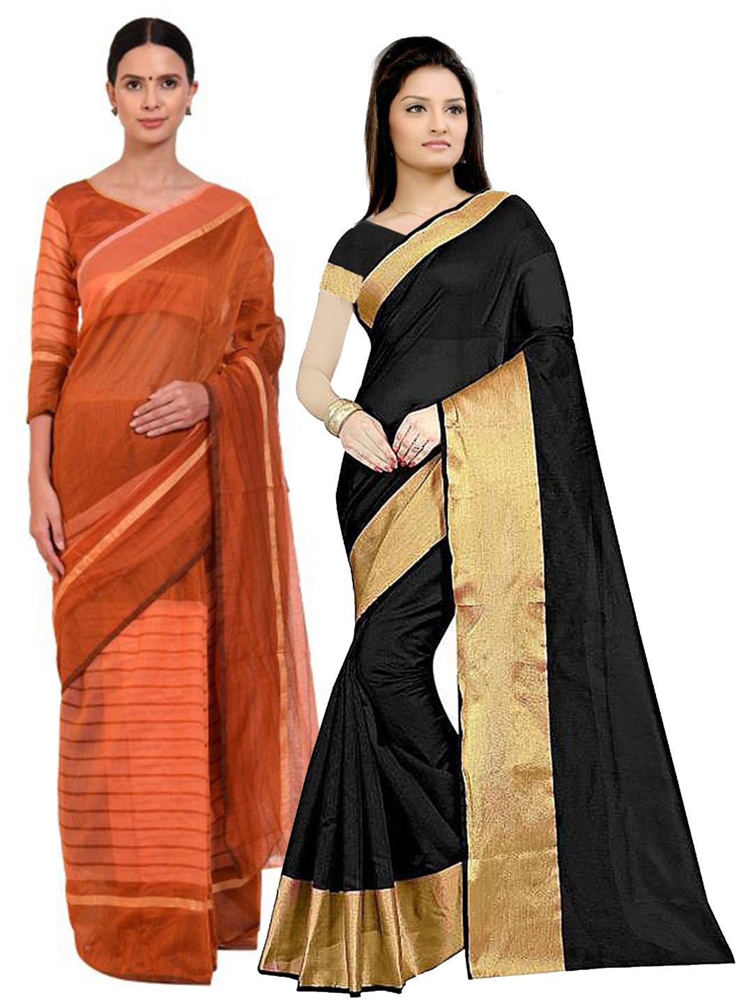 

SAADHVI Pack of 2 Black & Orange Striped Zari Silk Cotton Sarees