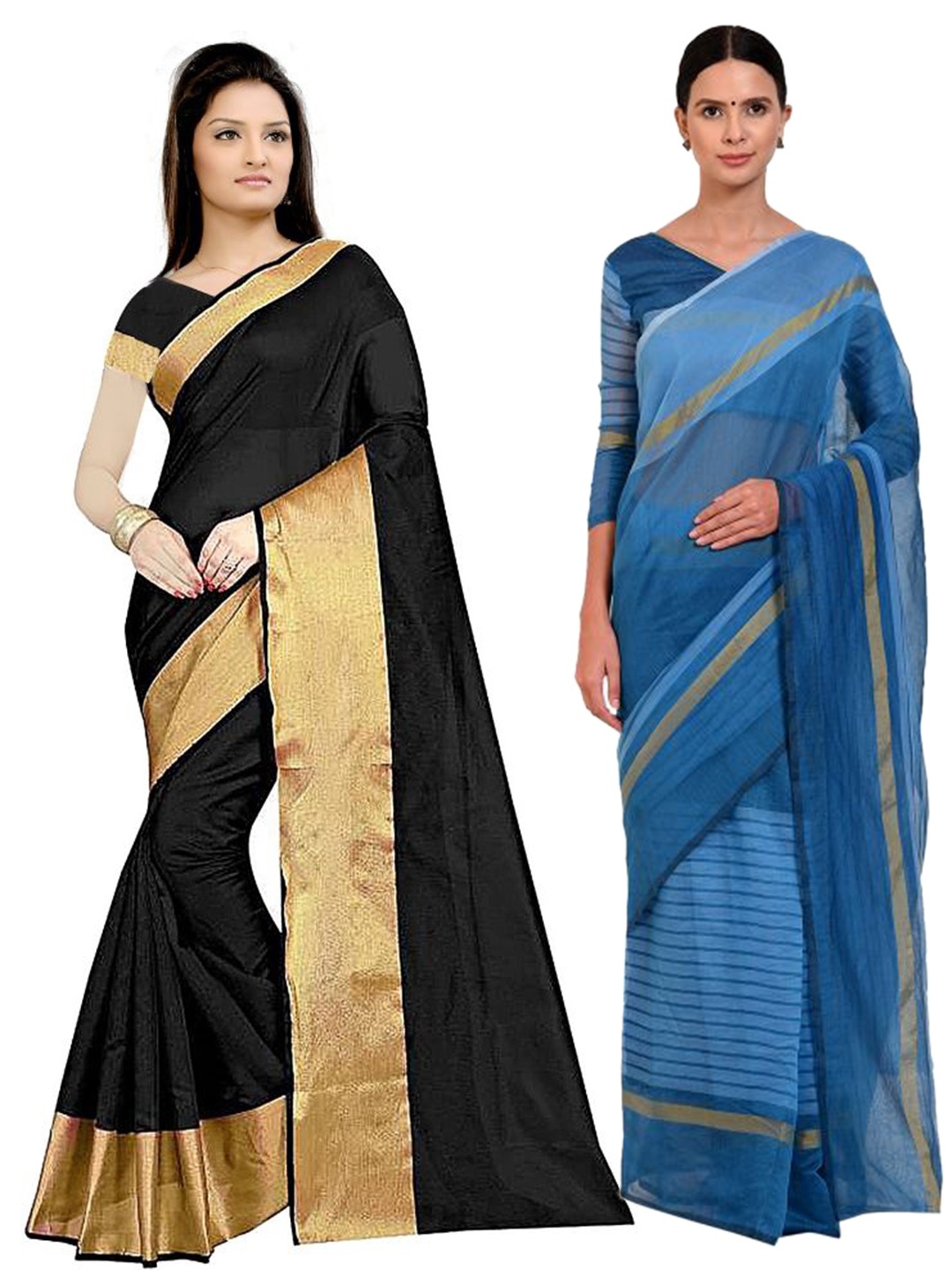 

SAADHVI Pack of 2 Black & Turquoise Blue Striped Silk Cotton Saree